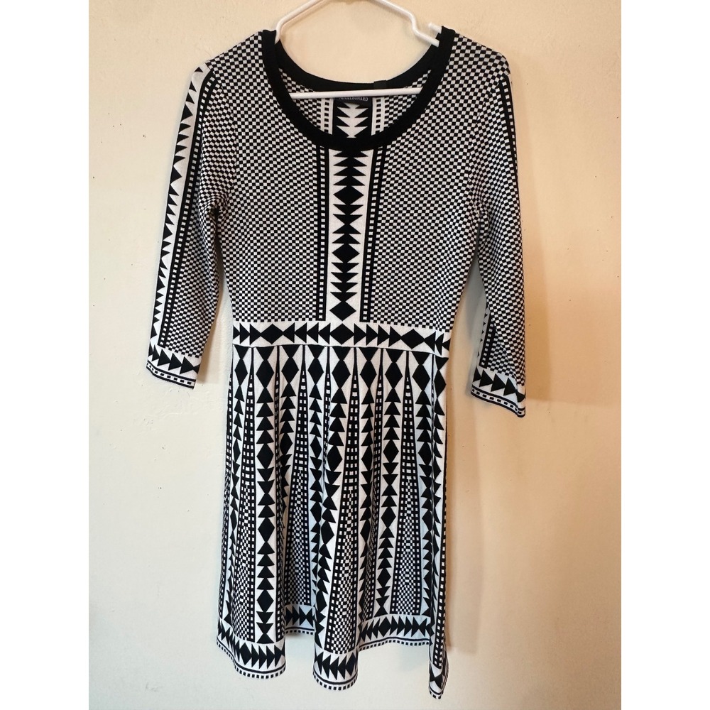 Nina Leonard Black White Geometric Knit Fit Flare Sweater Dress 3/4 Sleeve Small